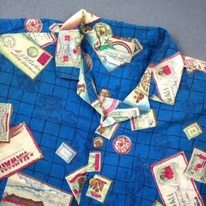 Vintage Paradise Found Honolulu Hawaii Aloha Shirt Map Postcard Print Blue XL